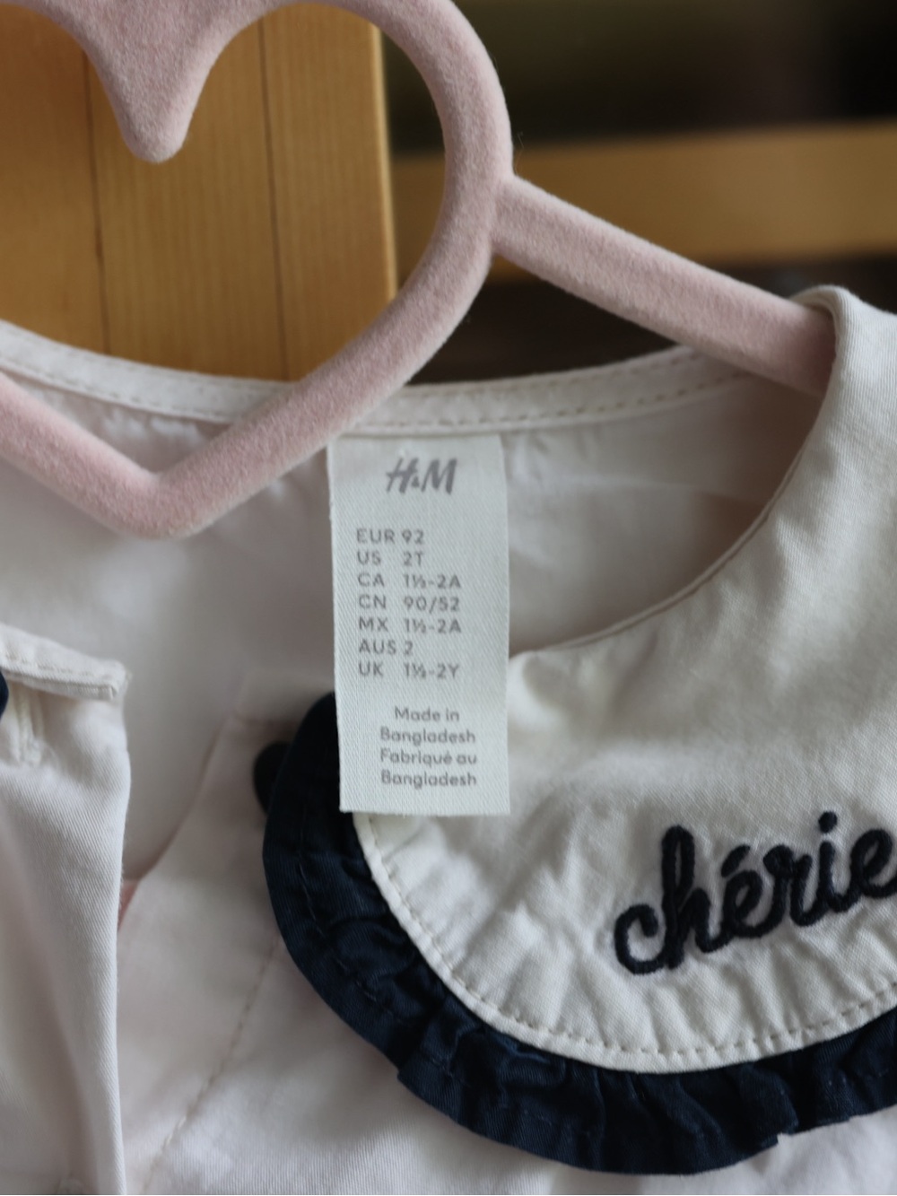 H&M White Chemise with Navy Trim and 'chérie' Embroidery